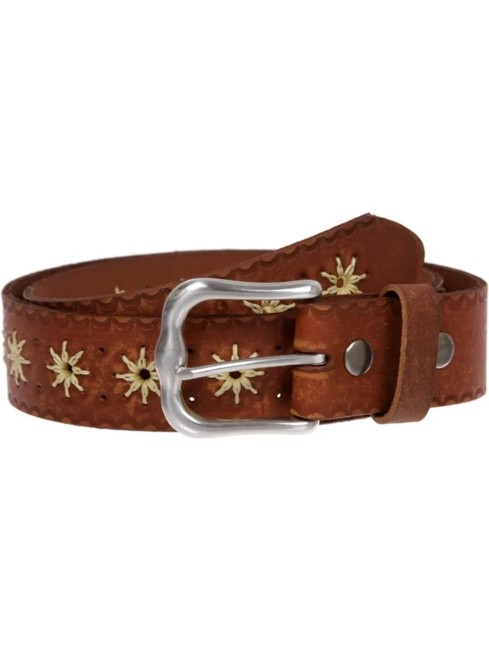 Vintage Embossed Sunflower Leather Belt - 1.5
